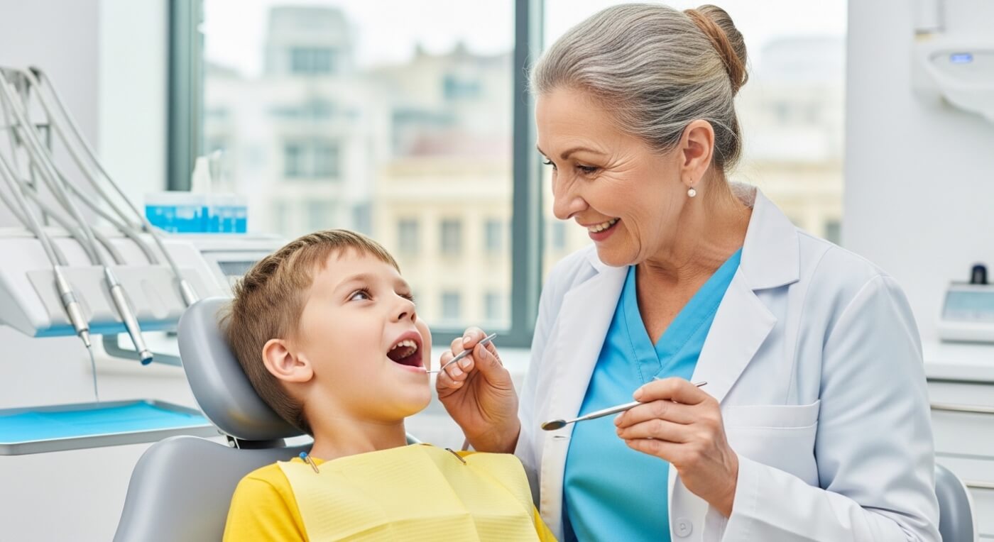 A female dentist examining a child A female dentist examining a child